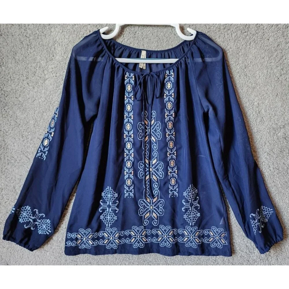Roper Women's Long Sleeve Semi-Sheer Blouse Top Embroidered Western Blue Size XS